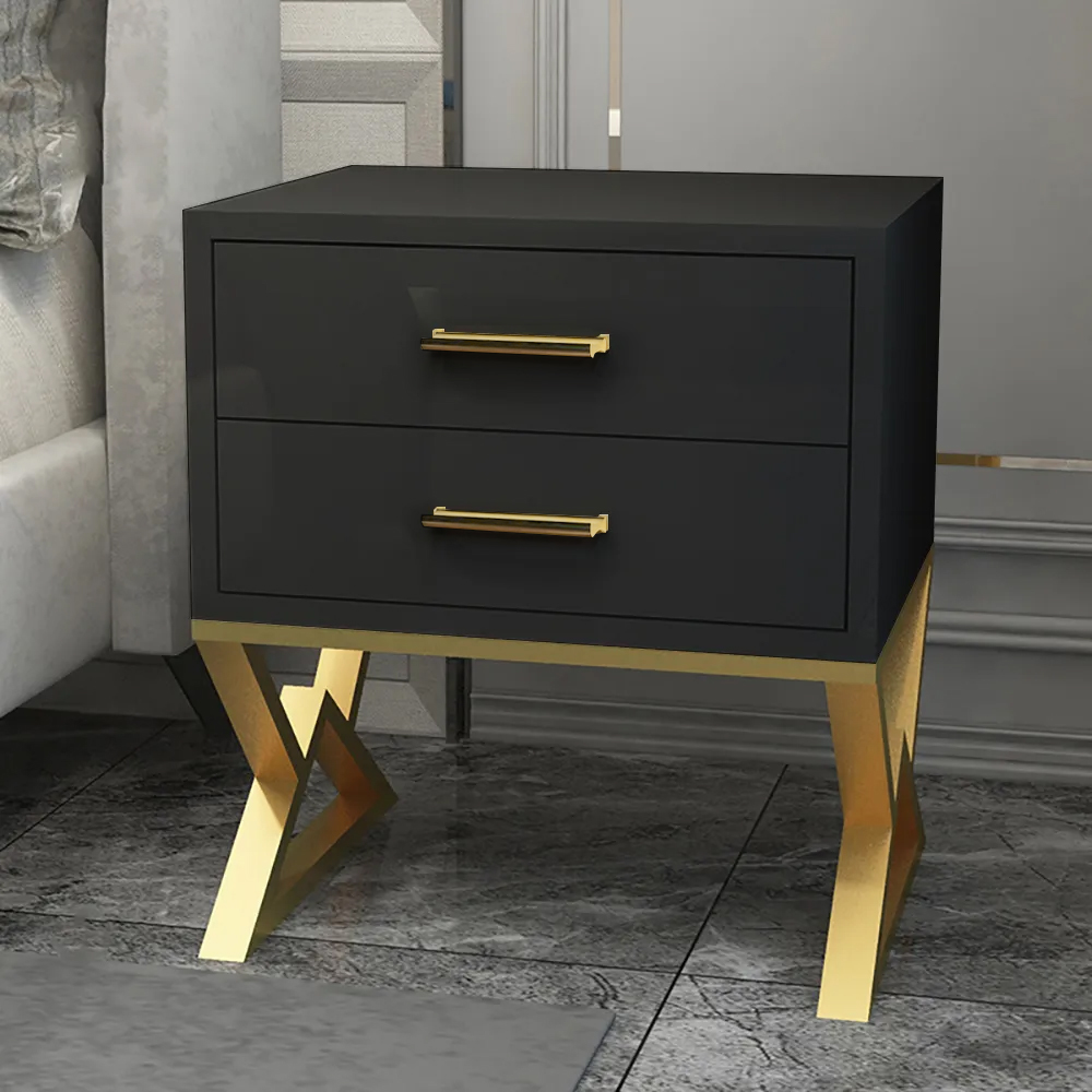 Nordic black nightstand 2 drawer bedside table gold finish