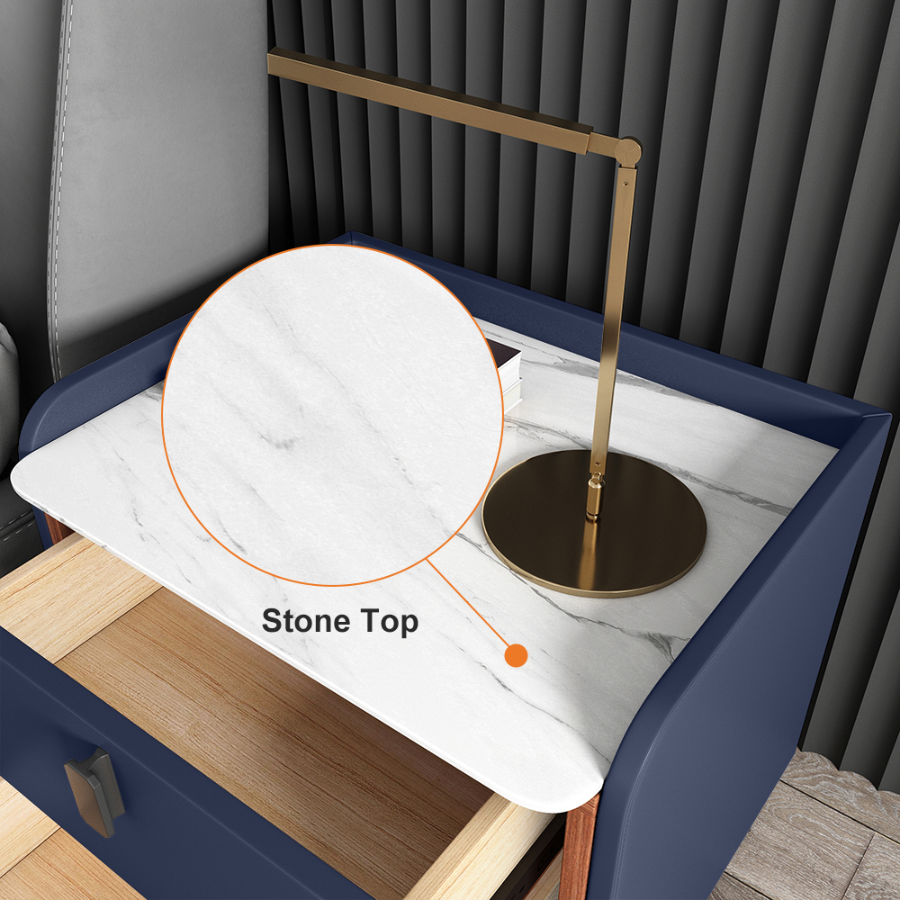 Modern Nightstand with 2 Drawers Bedroom Nightstand in Deep Blue, Faux