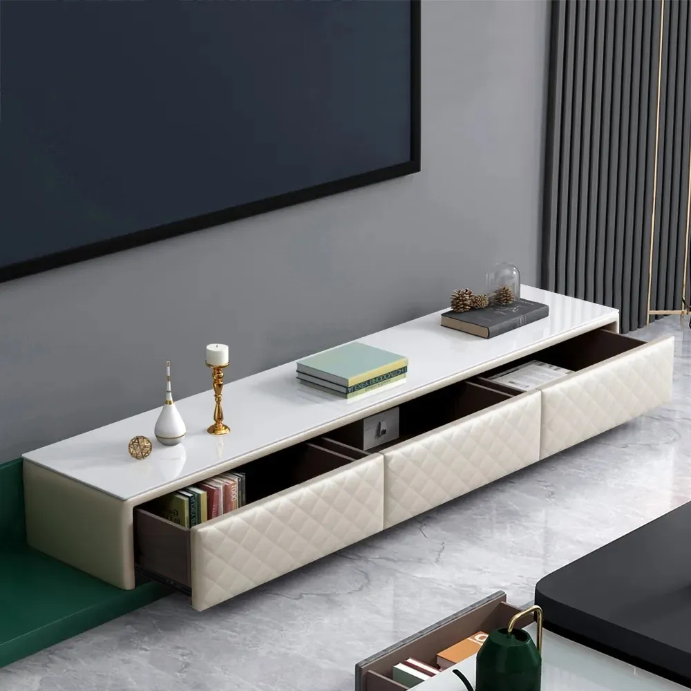 Extendable TV Stand Console with Storage 3 Drawer Upholstered Tempered Glass Top