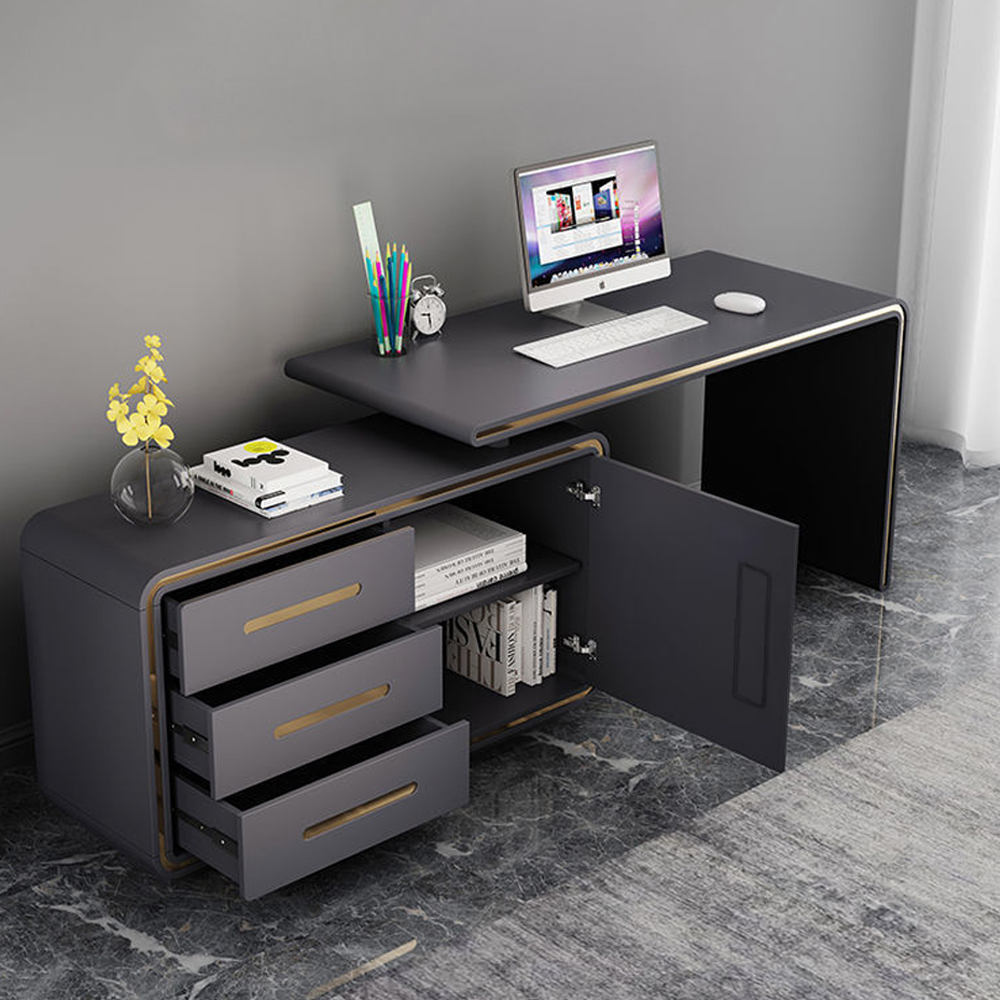 L-Shaped Grey 1400mm Office Desk Corner Writing Desk with Drawers & Doors in Gold Finish