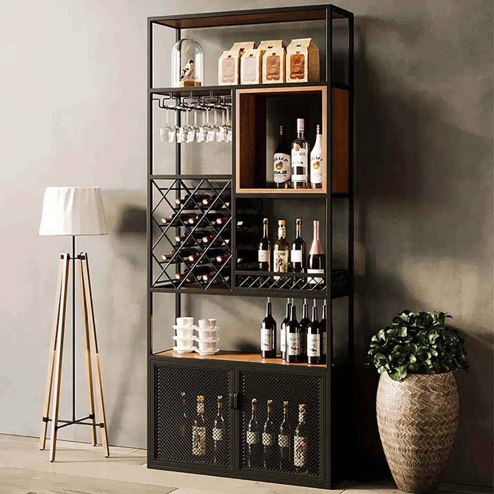 Industrial Tall Black Bar Wine Rack Cabinet with Glass Holder Wood Home Bar Cabinet