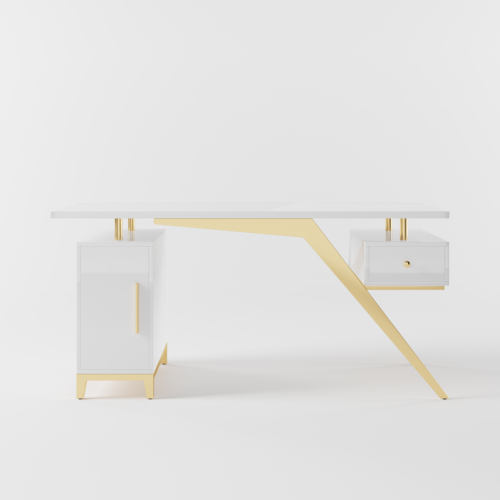 1400mm Ultra Modern White and Gold Computer Writing Desk with Storage & Drawer