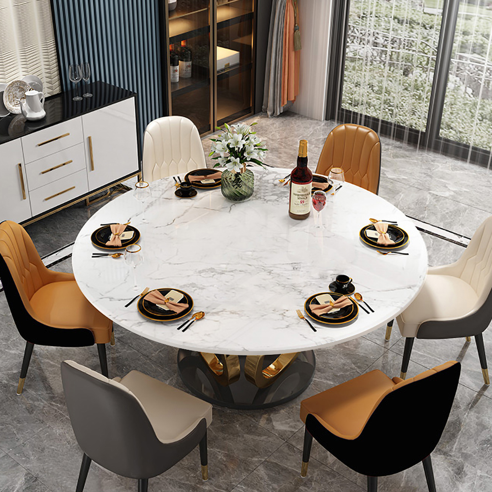 Modern 1350mm Round White Dining Table for 6 Person Faux Marble Top Gold&Black Pedestal