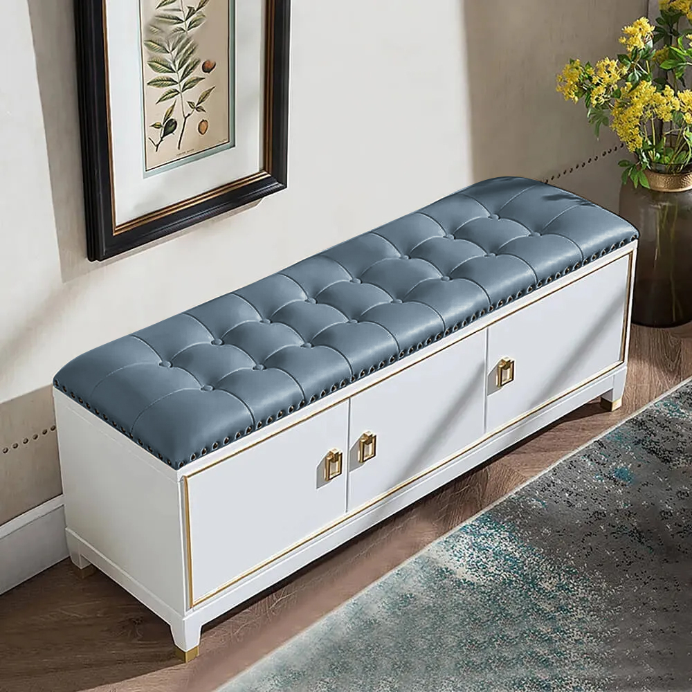 Image of 39.4" Faux Leather Upholstered Entryway Bench with Storage Shoe Cabinet 3-Door