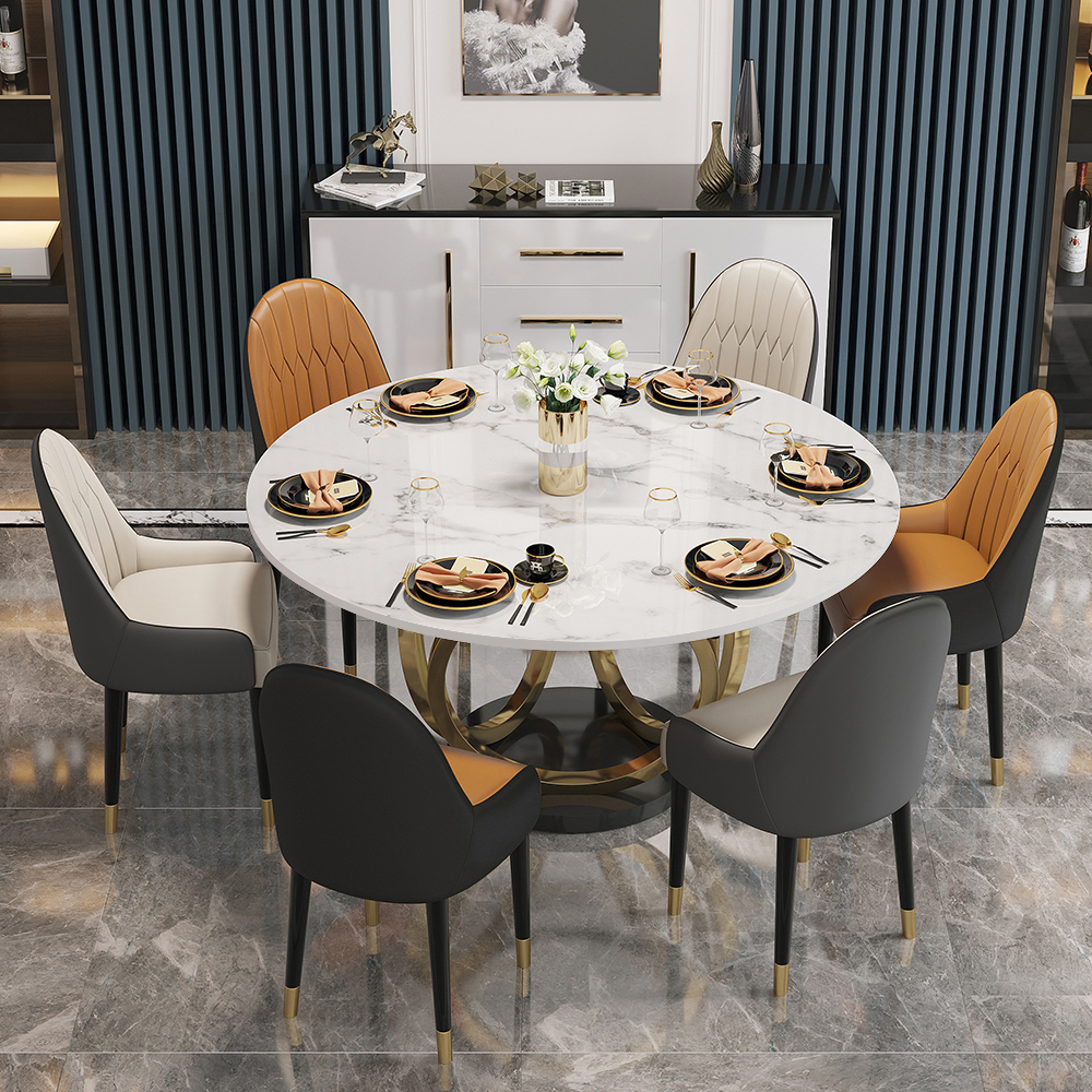 Modern 1350mm Round White Dining Table for 6 Person Faux Marble Top Gold&Black Pedestal