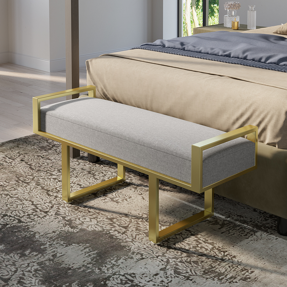 Image of Modern Bedroom Bench Gray Linen Upholstered Ottoman Bench with Gold Legs Entryway