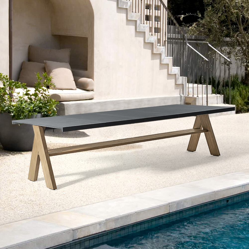 Modern 8 - Person Marble Top Aluminum & Teak Wood Outdoor Patio Dining Table in Gray