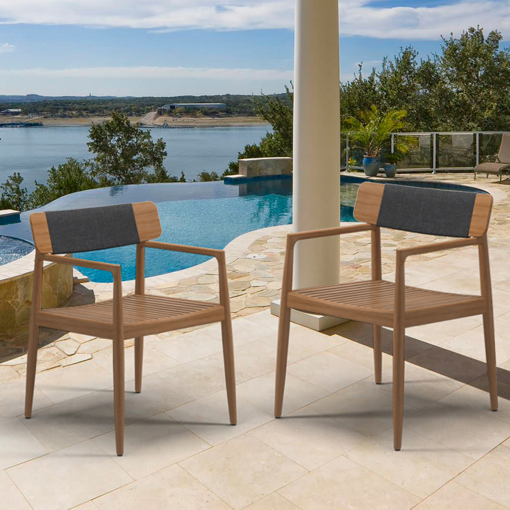 Modern Teak Wood Outdoor Patio Dining Chair Armchair in Natural (Set of 2）