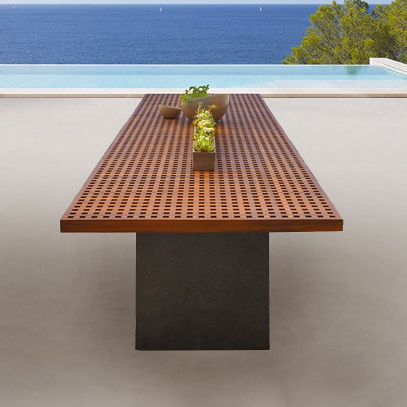 Modern 8 - Person Rectangle Teak Wood Outdoor Patio Dining Table in Natural & Gray