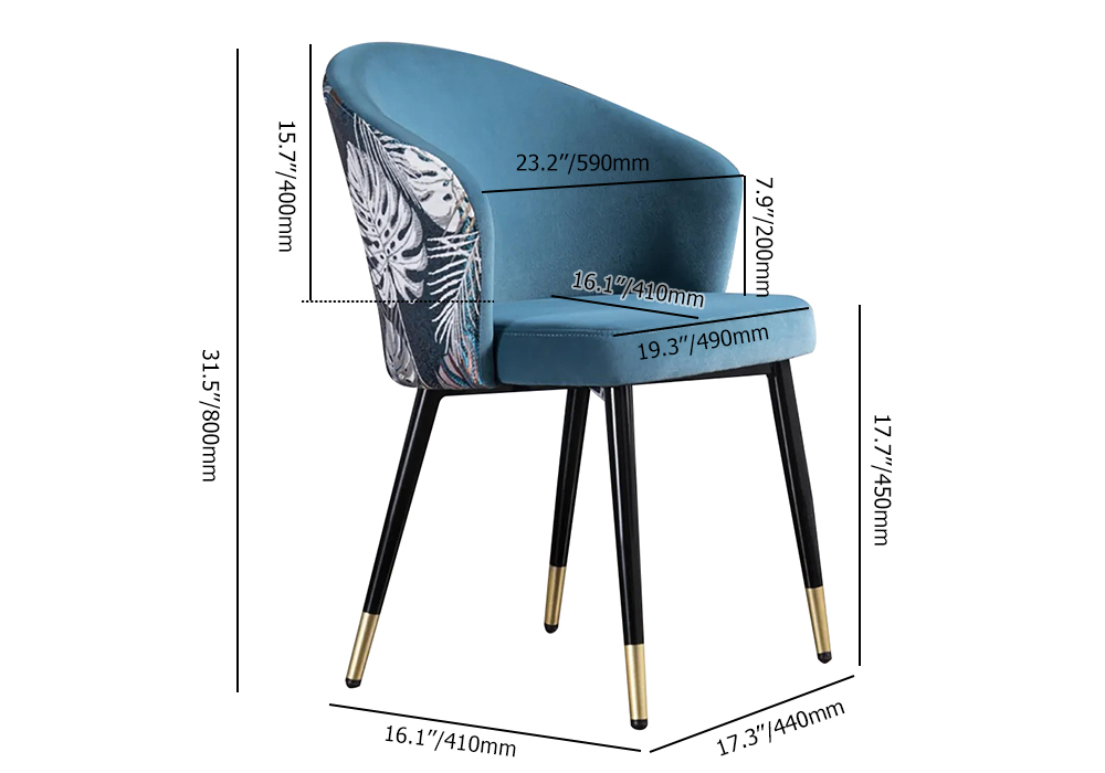 Blue Upholstered Velvet Dining Chair Curved Back Modern Arm Chair