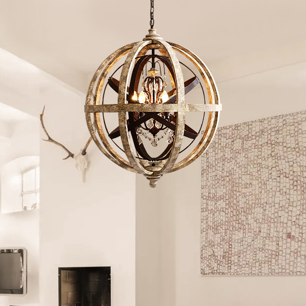 Image of 5-Light Retro Globe Weathered Wood Chandelier Crystal Accents