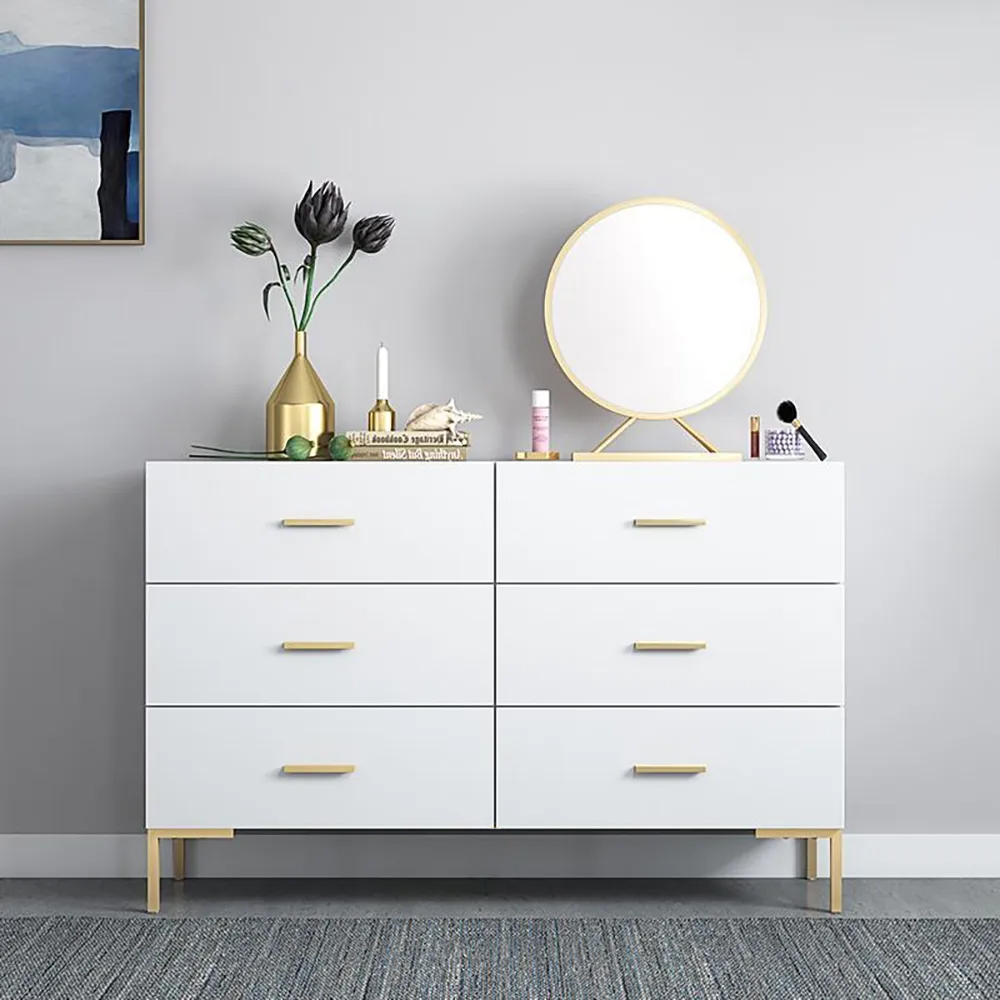 Image of 47" Scandinavian White Bedroom Dresser 6-Drawer Accent Cabinet in Gold