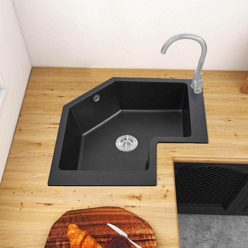 Image of 27" Drop In Corner Kitchen Sink Modern Single Bowl Quartz Irregular Sink in Black