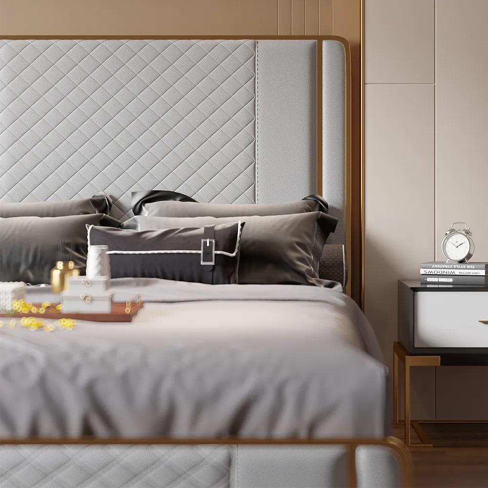 Gray Faux Leather Queen Platform Bed with Upholstered HeadboardHomary