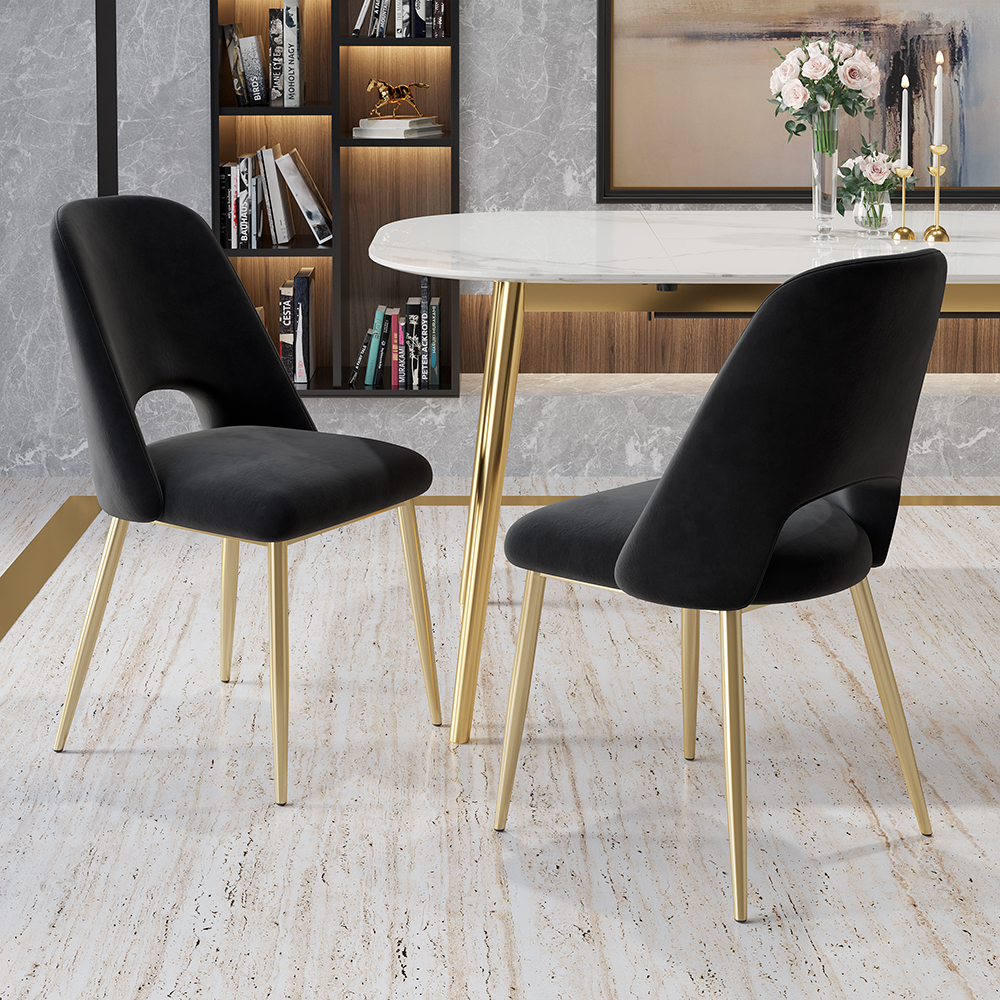 Modern Black Upholstered Dining Chair (Set of 2) with Hollow Back & Gold Legs