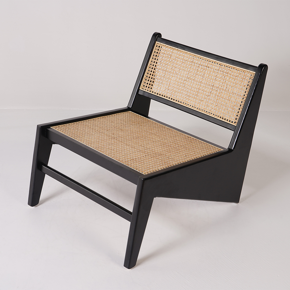 Modern Black Rattan and Wood Lounge Chair Accent Chair for Living Room