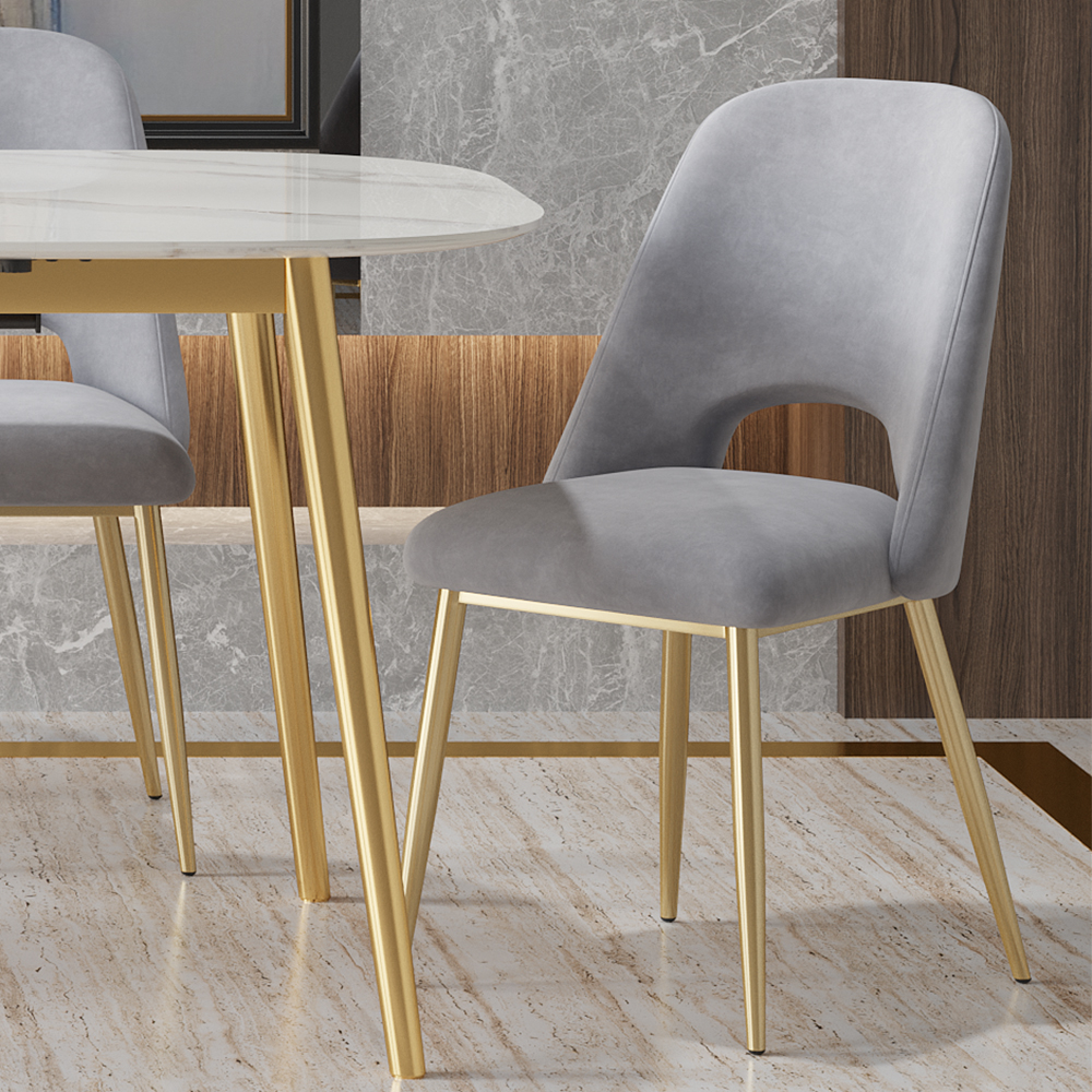Modern Grey Upholstered Dining Chairs (Set of 2) with Hollow Back & Gold Leg