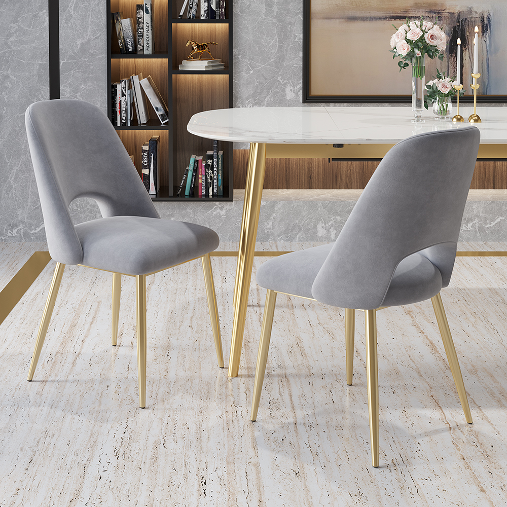 Modern Grey Upholstered Dining Chairs (Set of 2) with Hollow Back & Gold Leg