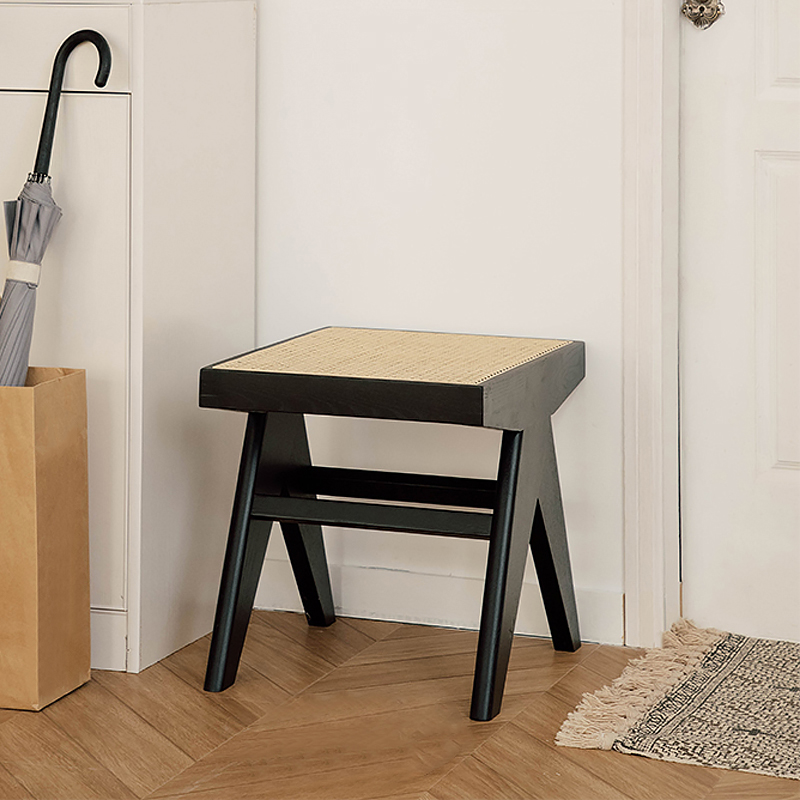 Black & Natural Modern Rattan Ottoman for Living Room Footstool