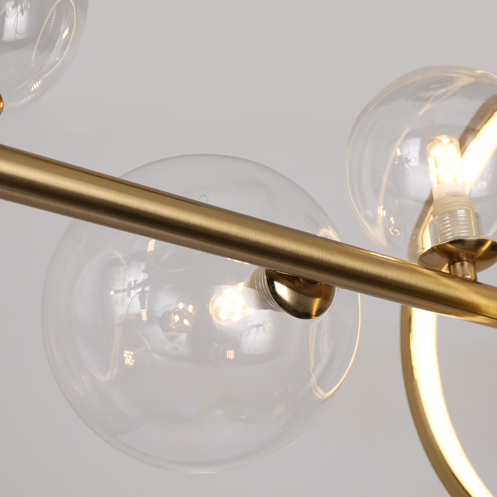 Modern 7-Light Gold Linear Kitchen Island Light with Glass Globe Shade