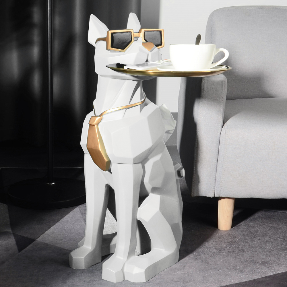 Modern White Side Table with Tray Shelves Cute Grayhound End Table in Resin