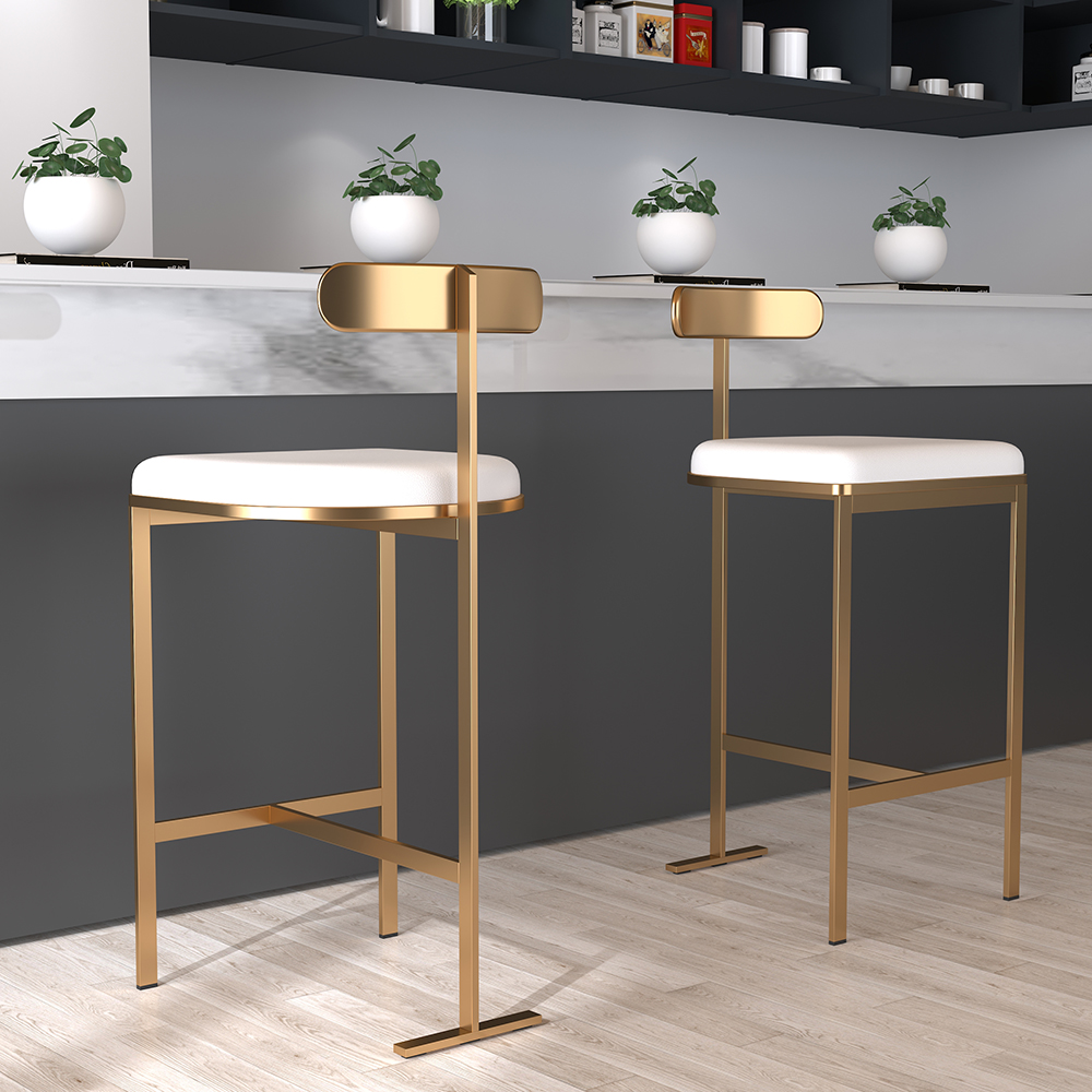 White Modern Kitchen PU Leather Bar Stools with Low Back in Gold Metal Legs