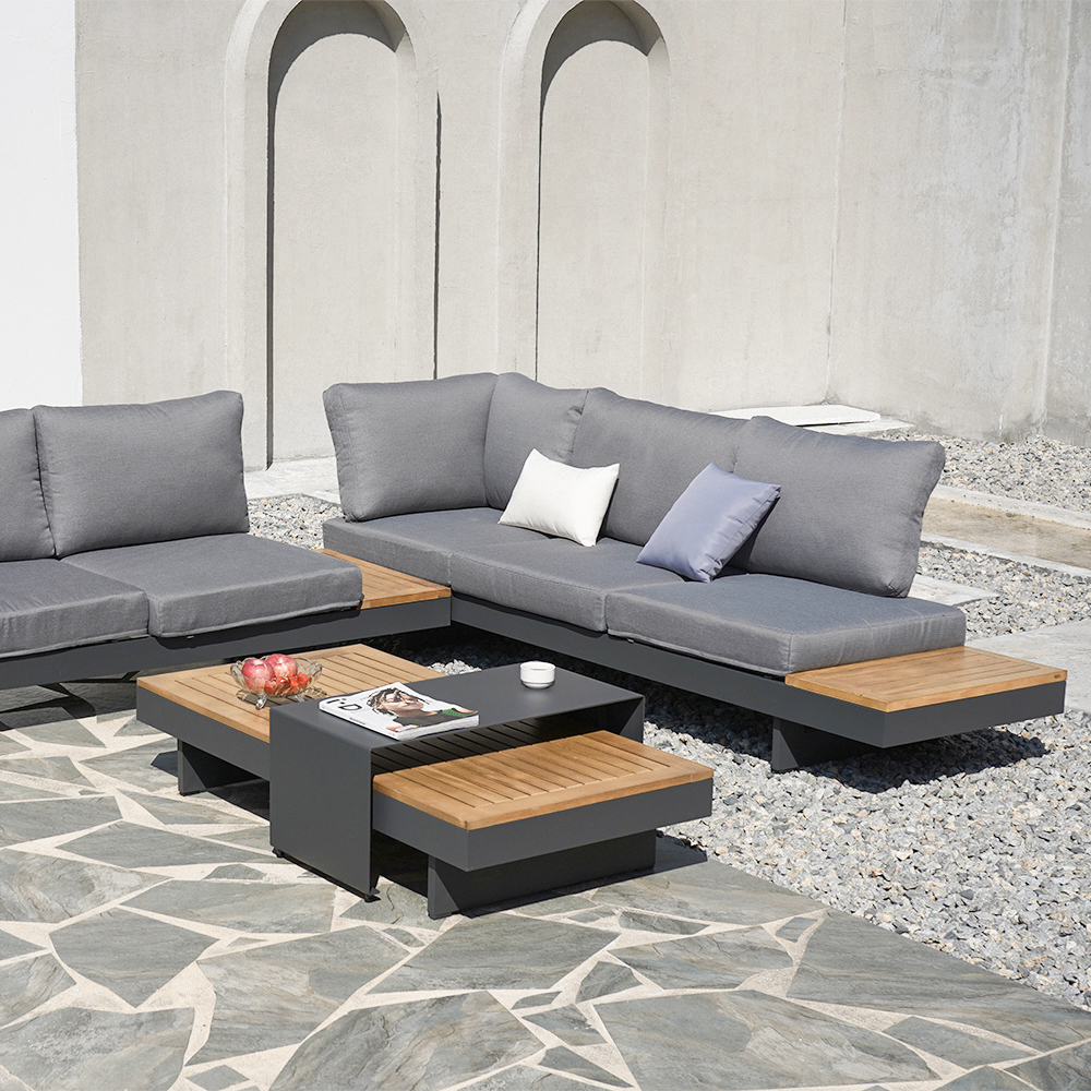 4 Pieces Modern L Shape Teak Outdoor Sectional Sofa Set with Wood