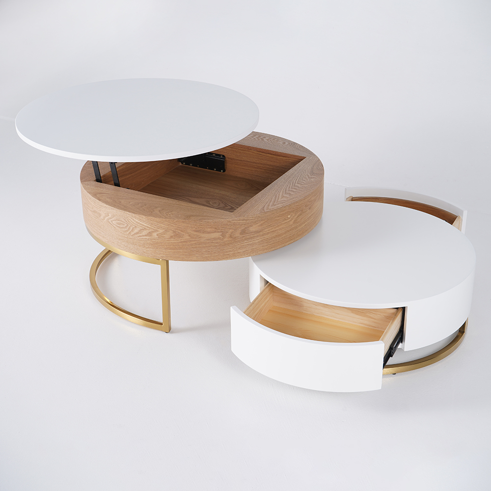 Nesnesis Modern Round Lift-top Nesting Wood Coffee Tables with 2 Drawers White & Natural