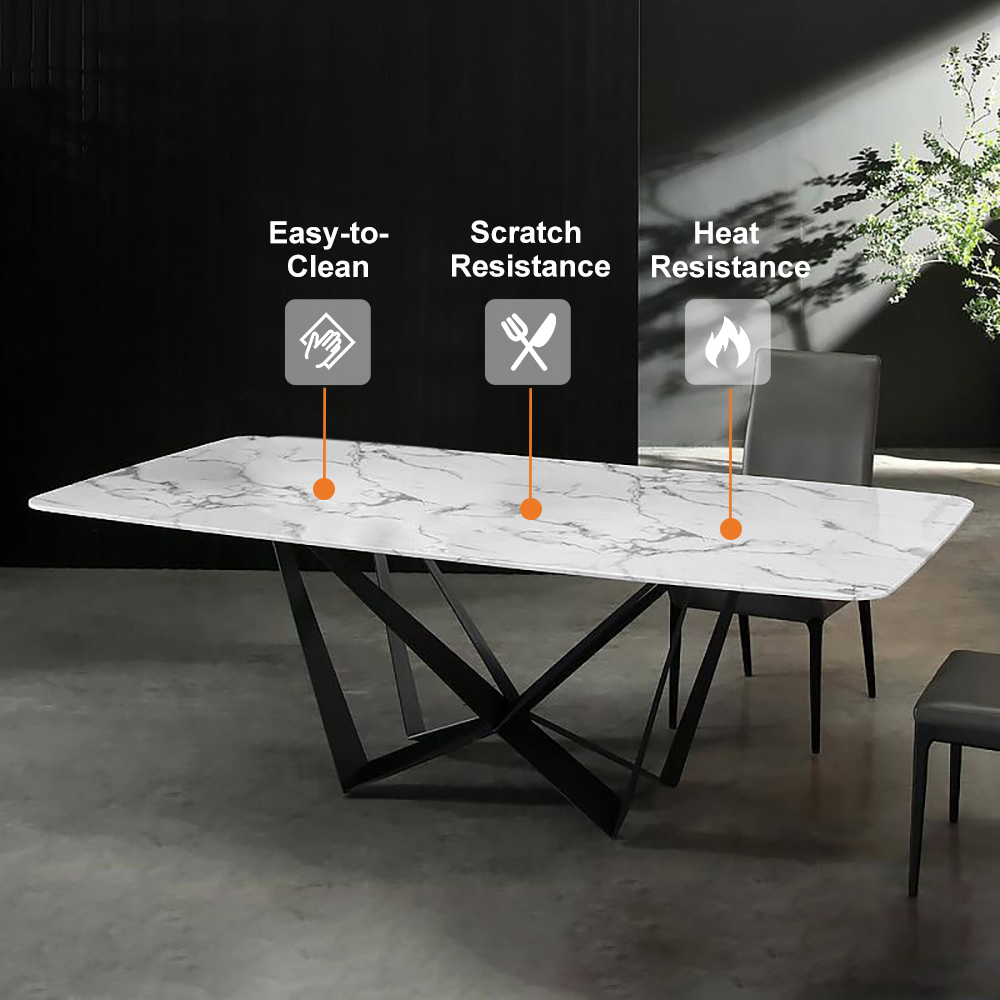 Modern Stylish 79" Dining Table Rectangle White Faux Marble Top in Large