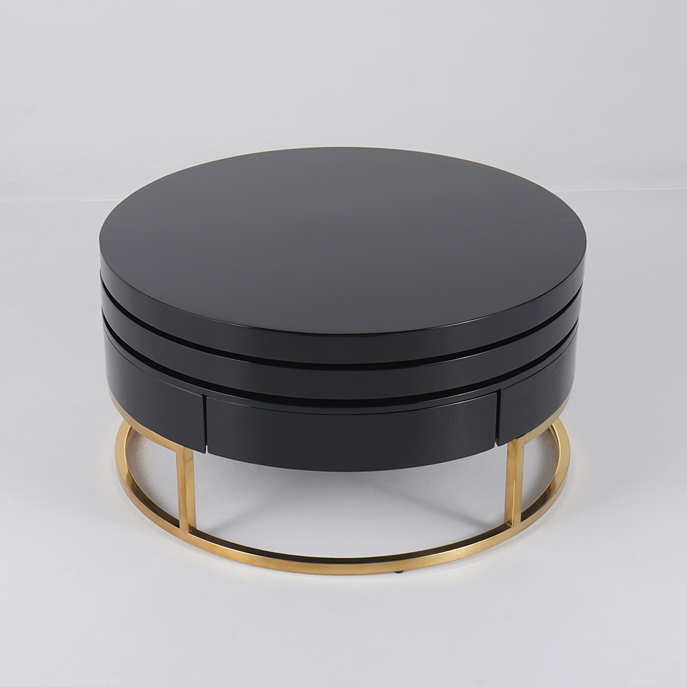 Black Round Modern Swivel Coffee Table with Storage Gold Steel Base-Homary
