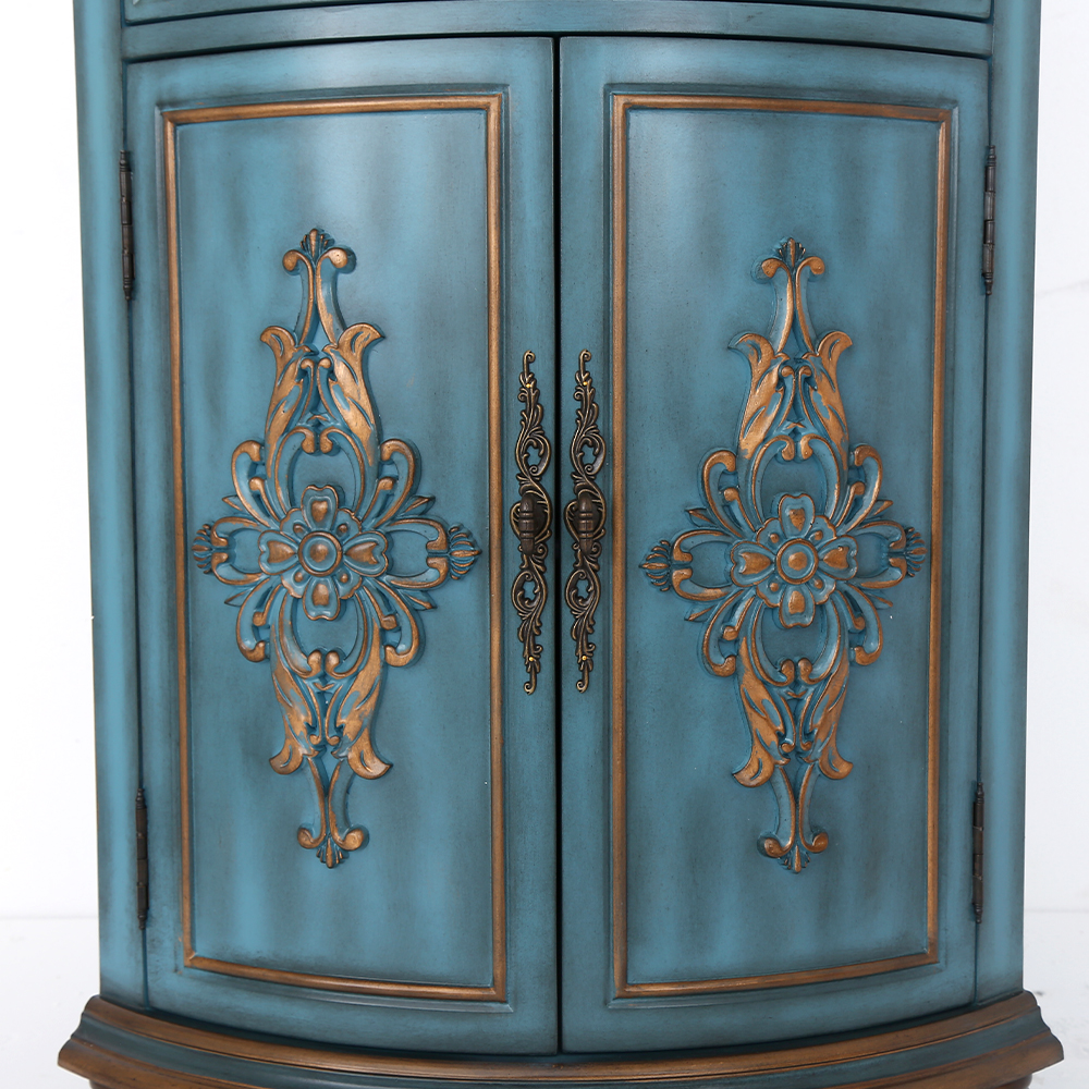 Adame Vintage Tall Curio Antique Carved Wood Corner Cabinet with Drawer & Shelf in Blue