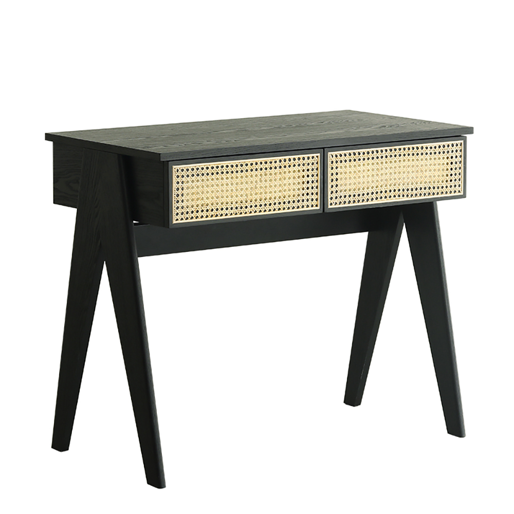 Modern Black Rattan Desk Home Office Desk with Drawers Wooden Writing