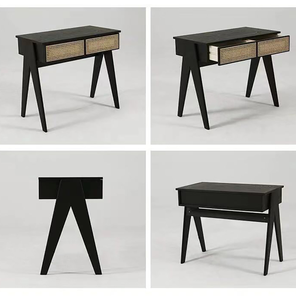 Modern Black Rattan Desk Home Office Desk with Drawers Wooden Writing Desk 