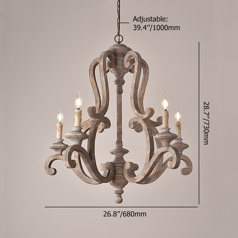 Cottage Style - Lámpara de araña de candelabro (madera marrón envejecida, 5 luces, brazos y dosel de óxido)
