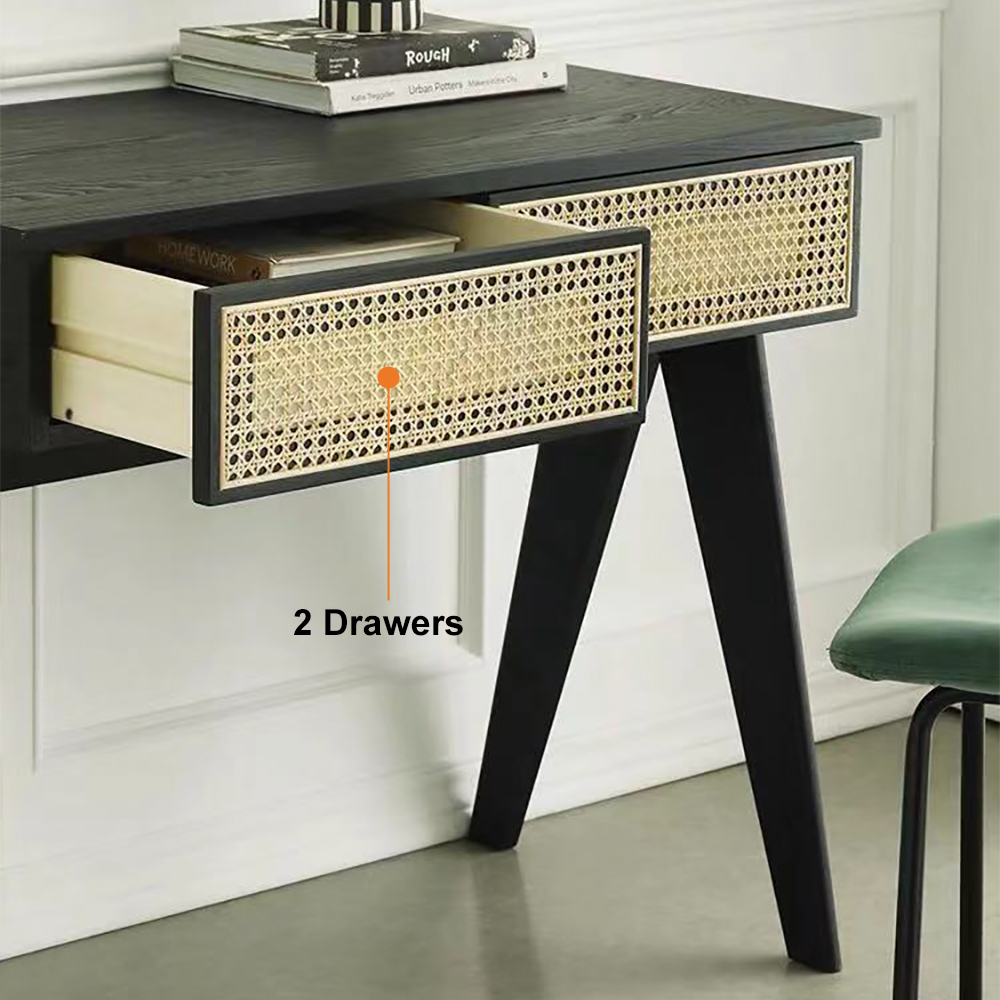Modern Black Rattan Desk Home Office Desk with Drawers Wooden Writing Desk 