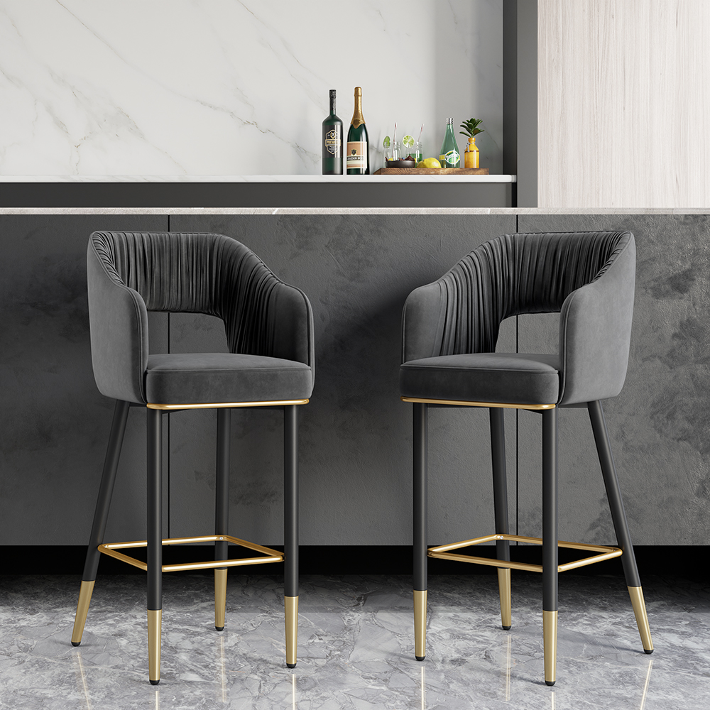 Image of Modern Gray Velvet Counter Height Bar Stool with Footrest