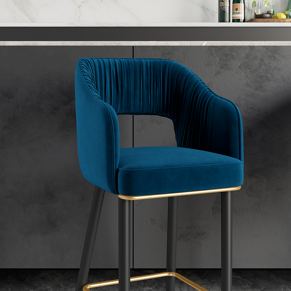 Modern Blue Velvet Counter Height Bar Stool With Back And Metal Footrest 