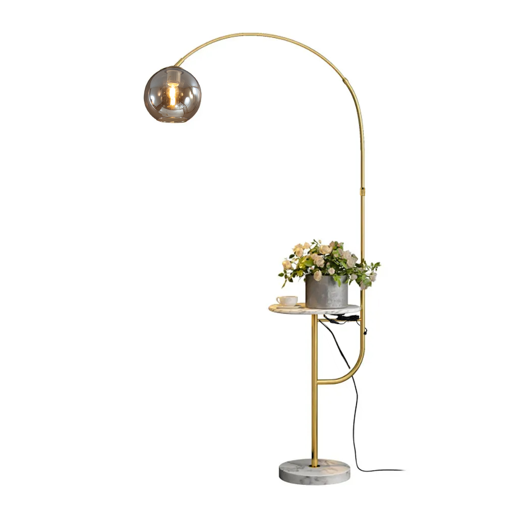 Modern Gold Arc Floor Lamp for Living Room with Shelf & Wireless