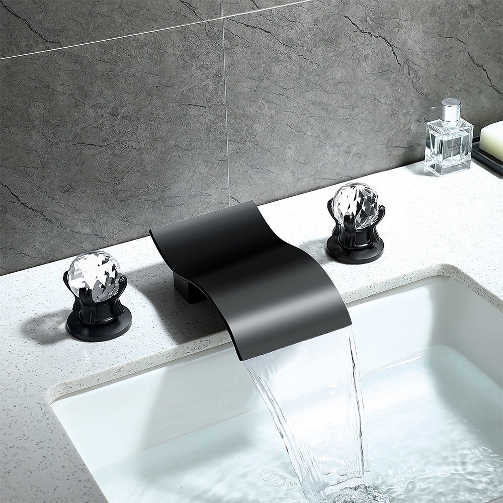 Deck Mount Widespread Waterfall 2 Crystal Handle Bathroom Sink Faucet in Black