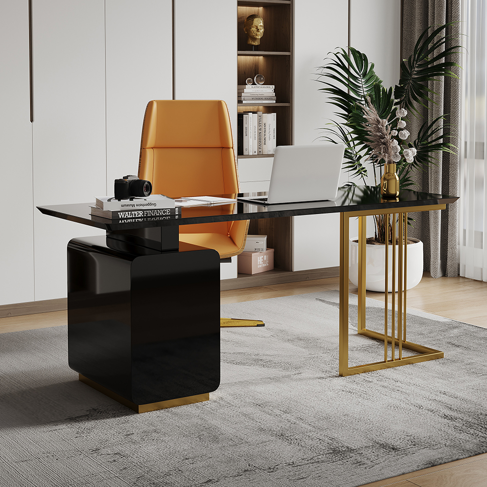 Image of 63" Modern Black Home Office Desk with Drawers & Side Cabinet in Gold Base
