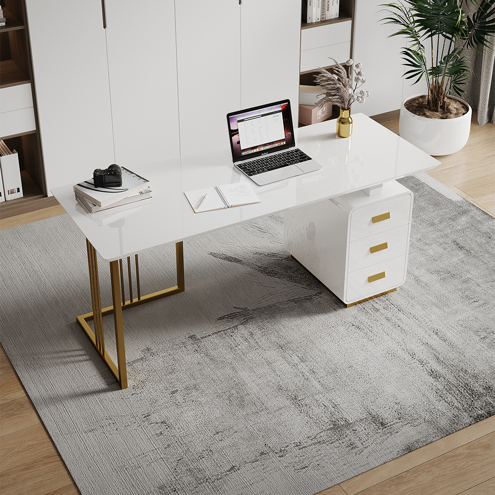 1600mm Modern White Computer Desk with Drawers & Side Cabinet in Gold Base