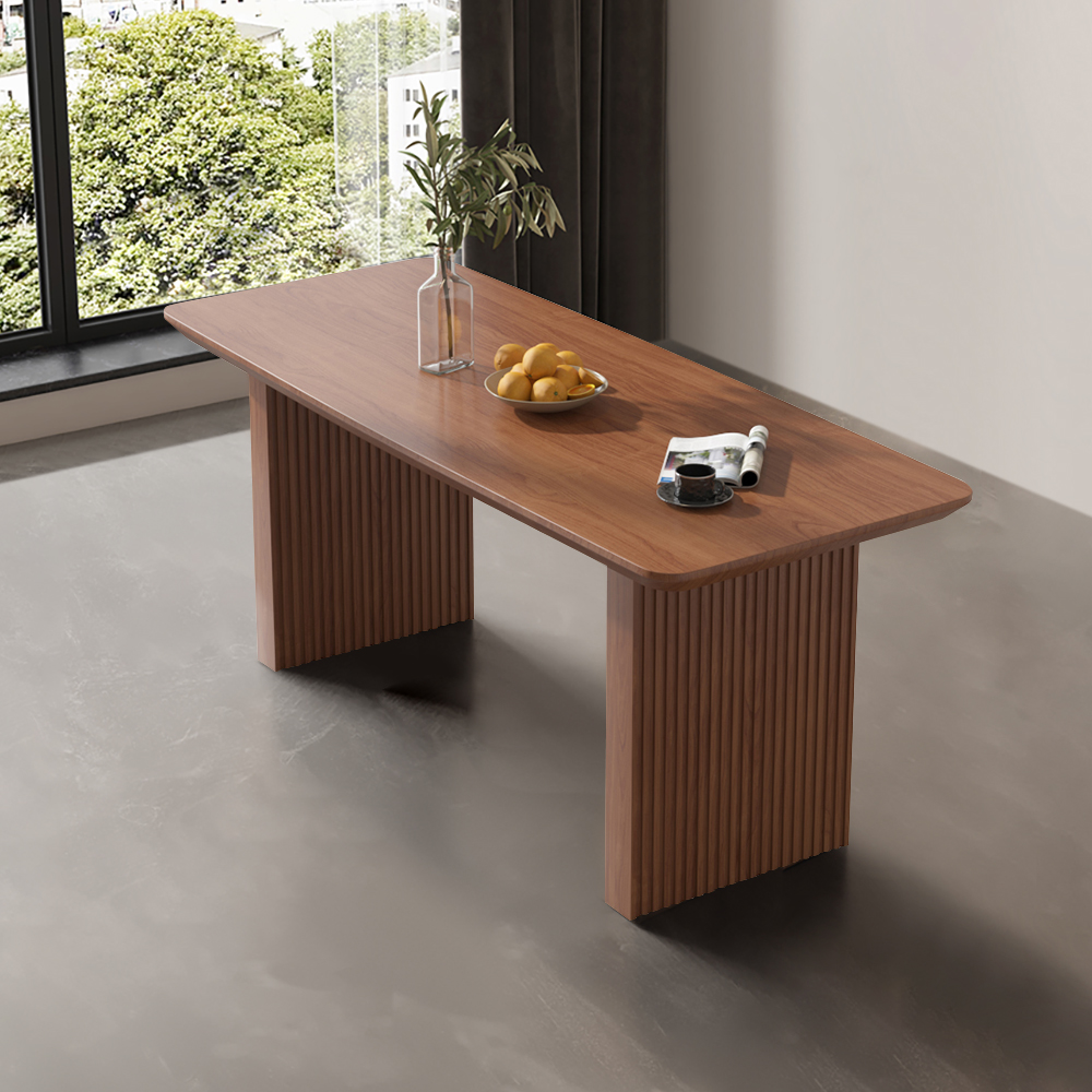63" Rectangle Dining Table Double Pedestal Modern Walnut Solid Wood Table for 6 Person