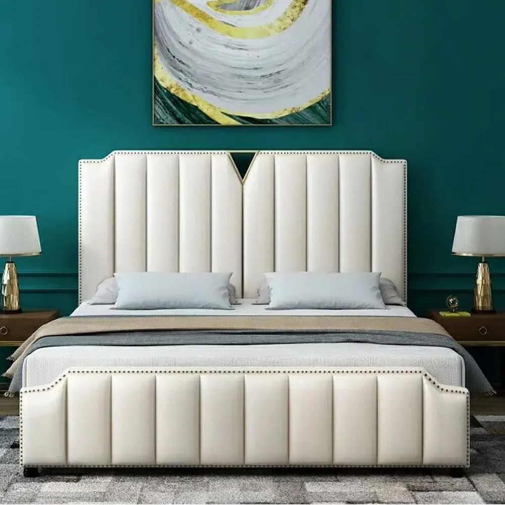 Modern White Platform Bed Upholstered Bed with Vertical Channel Headboard & Storage