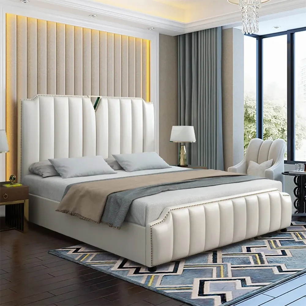Modern White Platform Bed Upholstered Bed with Vertical Channel Headboard & Storage
