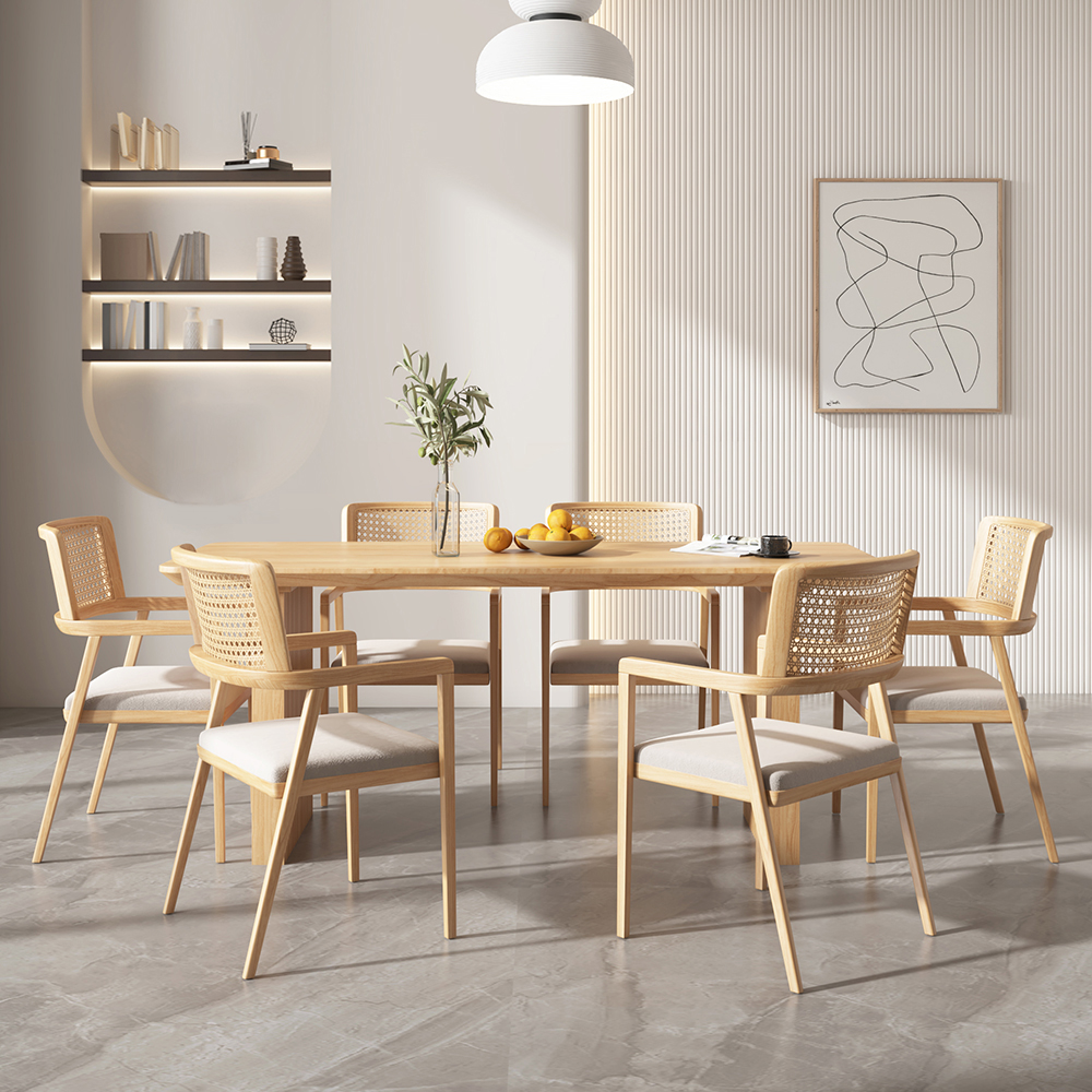 63" Rectangle Dining Table Double Pedestal Modern Natural Solid Wood Table for 6 Person