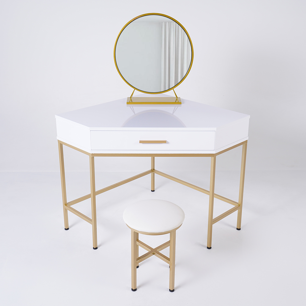 Corner Modern Makeup Vanity Set Dressing Table with Mirror & Stool White