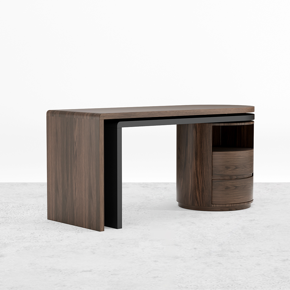 Modern I Shaped Desk in Walnut with 1 Cabinet & 2 Drawers 60 Inch Executive Office Desk