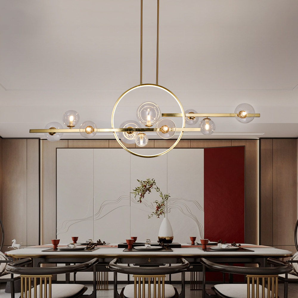 10-Light Gold Modern Kitcehn Island Light for Dining Room with Glass Globe Shade