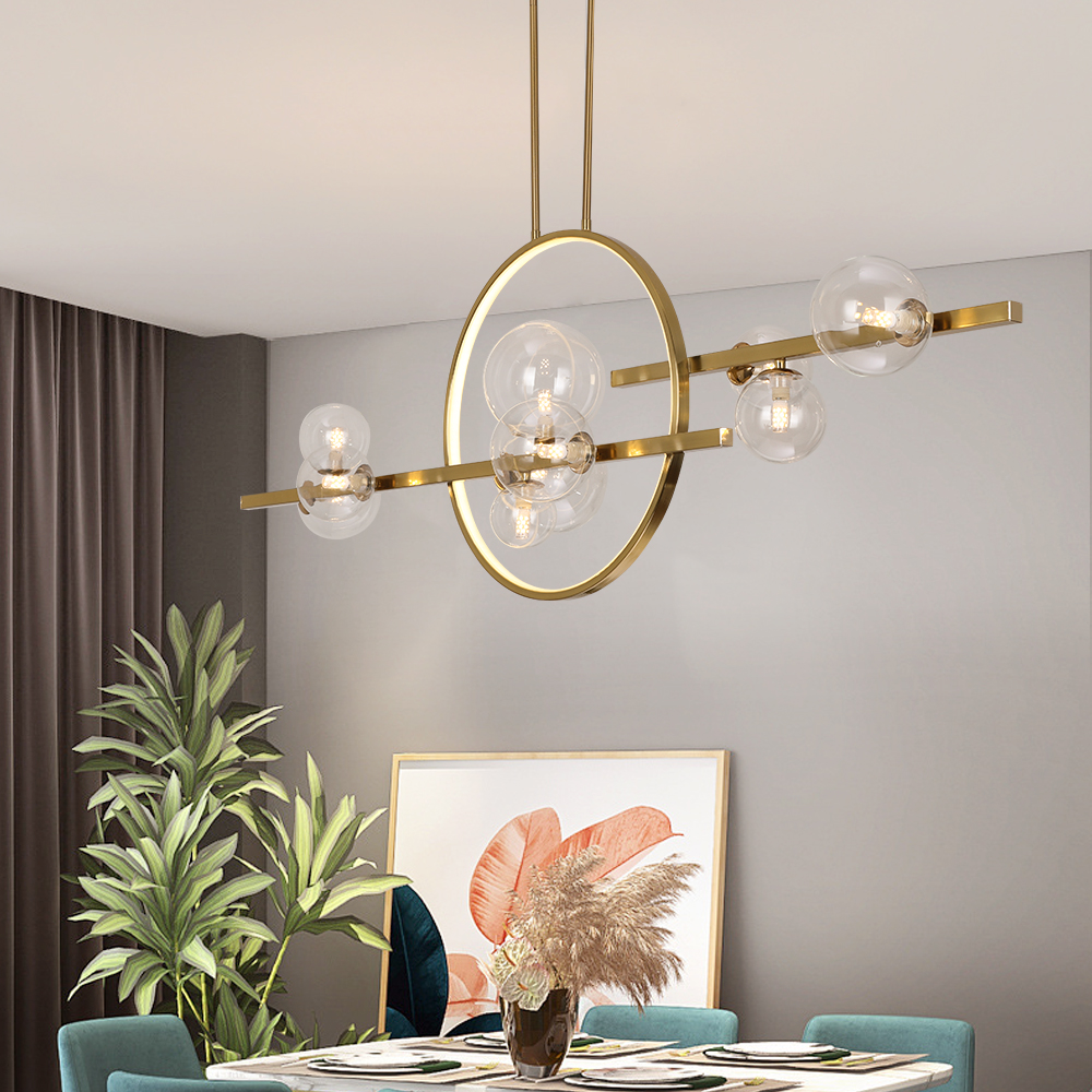 Image of 10-Light Gold Modern Kitcehn Island Light for Dining Room with Glass Globe Shade