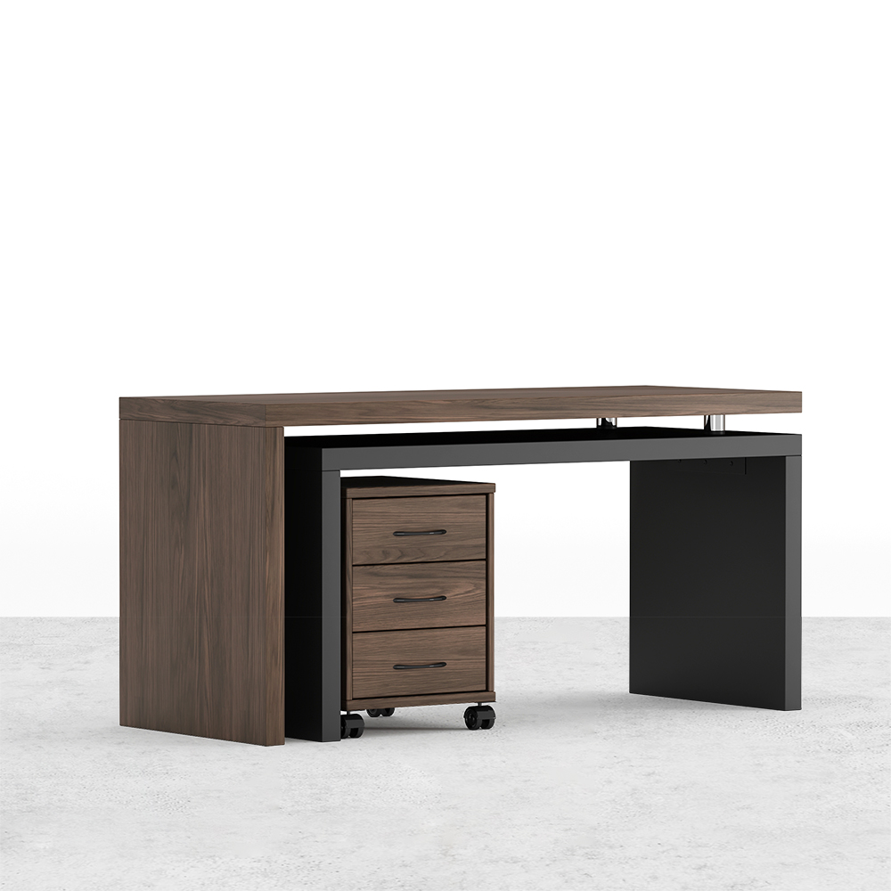 Modern Swivel Desk with Movable File Cabinet Black & Walnut L-Shaped Rotating Desk